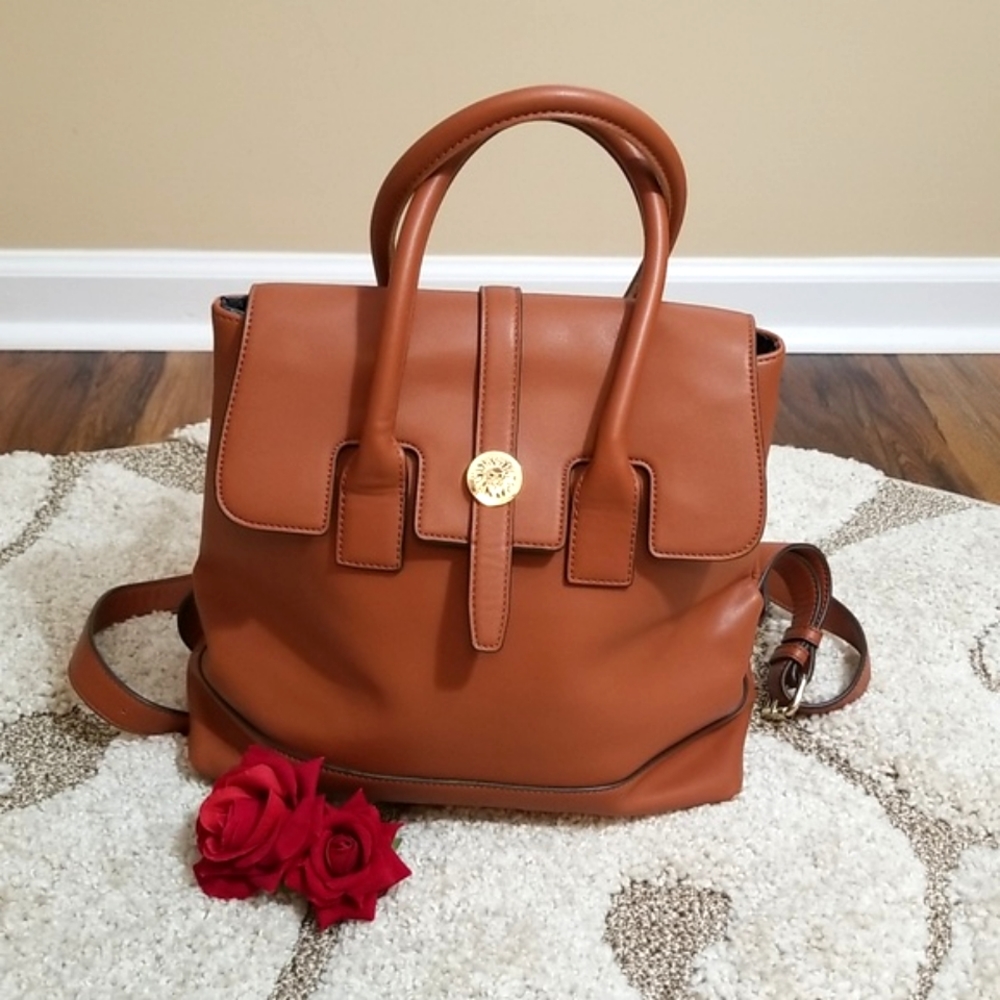 Anne Klein backpack style bag in dark tan color.